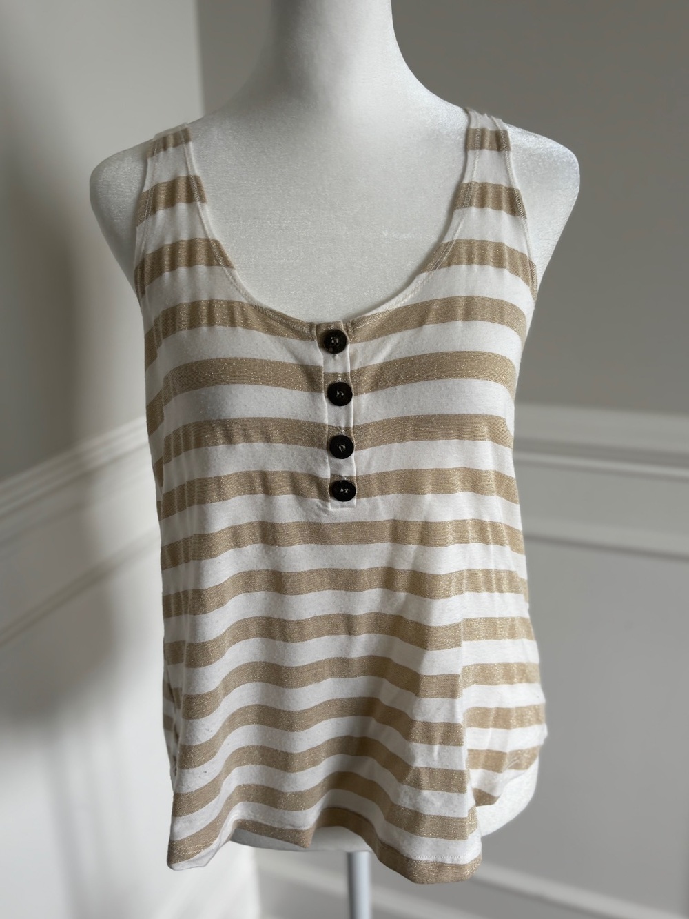 Eight Sixty Cream and Tan Striped Scoop Neck Tank with Button Placket